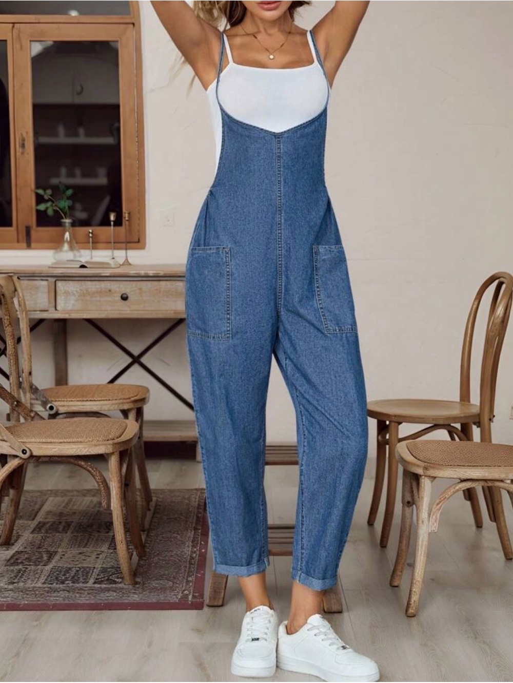 SHEIN Blue Denim Relaxed Spaghetti-Strap Overalls